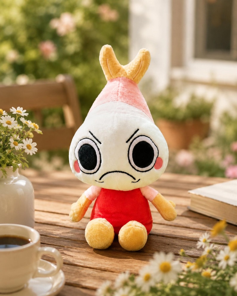 Puede incluir: Un peluche con forma de camar&oacute;n con una expresi&oacute;n de mal humor. El juguete tiene una cabeza blanca con ojos negros, una parte superior rosa y amarilla, un cuerpo rojo y brazos y pies amarillos. Est&aacute; sentado en una mesa de madera.