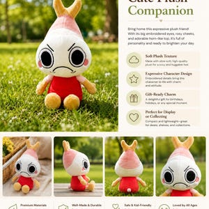 Puede incluir: Un peluche con un dise&ntilde;o &uacute;nico. Tiene una cabeza blanca con una parte superior rosa y amarilla, ojos negros grandes y un cuerpo rojo. El texto "Cute Plush Companion" es visible.