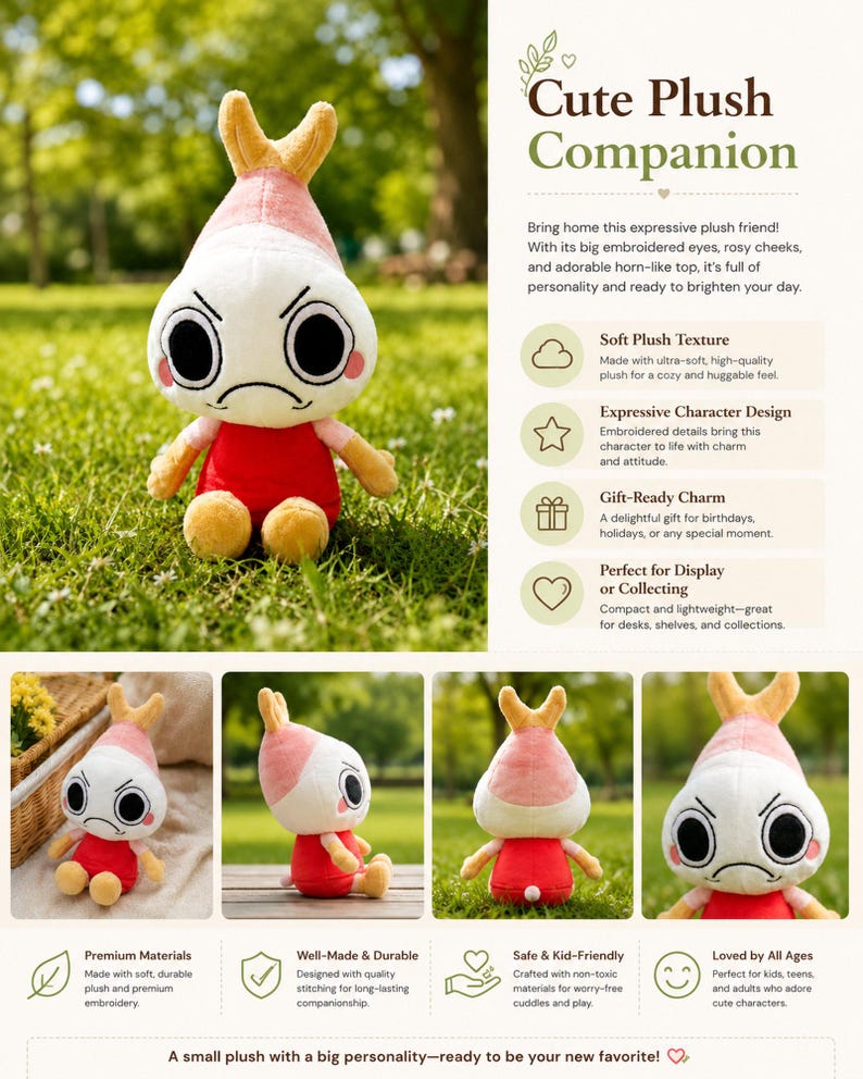 Puede incluir: Un peluche con un dise&ntilde;o &uacute;nico. Tiene una cabeza blanca con una parte superior rosa y amarilla, ojos negros grandes y un cuerpo rojo. El texto "Cute Plush Companion" es visible.