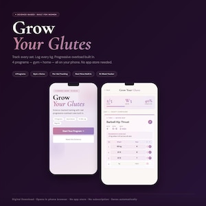 Puede incluir: Anuncio digital de una aplicación de fitness, con el texto "Grow Your Glutes". Dos smartphones muestran la interfaz de la aplicación, mostrando programas de entrenamiento y funciones de seguimiento. El fondo es morado oscuro.