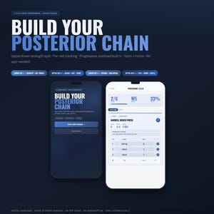 Może przedstawiać: Ciemnoniebieska grafika z tekstem "BUILD YOUR POSTERIOR CHAIN" w kolorze białym i niebieskim. Dwa smartfony wyświetlają szczegóły programu treningowego. Program obejmuje podział siły górnej/dolnej, śledzenie serii.