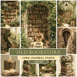 May include: A digital collection of Old Bookstore junk journal pages featuring illustrations of bookshelves, stone arches, stacks of books, and indoor greenery. The text 240 PAGES, OLD BOOKSTORE, JUNK JOURNAL PAGES, and 300 DPI is clearly visible.