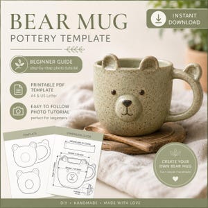 DIY Bear Mug Pottery Template | Cute Animal Coffee Cup Pattern | Slab Building Ceramic Mug | Clay Handbuilding PDF | Instant Download