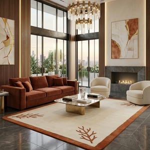 Hand Tufted Wool Rug, Terracotta Border Rug, Minimalist Coral Branch Area Rug, Cream Ivory Neutral Carpet, Aesthetic Luxury Living Room Rug