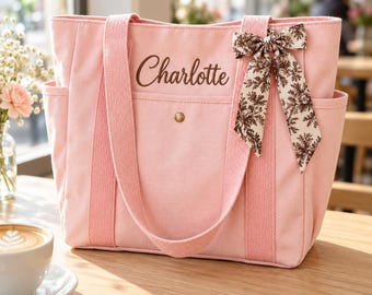 Personalized Embroidered Canvas Tote Bag with Name and Optional Bow, Christmas or Birthday Gift for Her, Best Friend or Sister