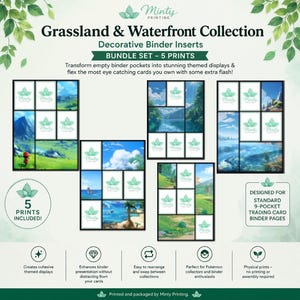 May include: A bundle set of 5 decorative binder inserts from the Grassland & Waterfront Collection by Minty Printing. The set includes five sheets designed for standard 9-pocket trading card binder pages, featuring various landscape illustrations.