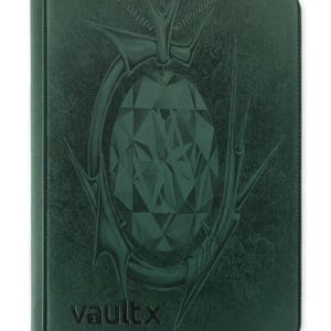 May include: A dark green zippered binder featuring a textured surface with a large, embossed geometric diamond shape surrounded by sharp, thorn-like accents. The word vaultx is printed in black in the bottom left corner of the front cover.