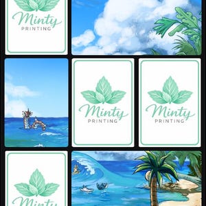 May include: A grid of six rectangular cards featuring the Minty Printing logo, which consists of a mint leaf icon above the text Minty Printing. Three cards display this logo, while the other three show illustrations of ocean scenes.