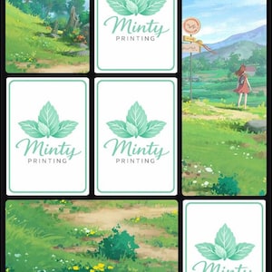 Puede incluir: Un collage que presenta cuatro tarjetas rectangulares blancas con un logotipo de hoja verde menta y el texto Minty PRINTING, junto a tres paneles ilustrados que muestran un paisaje de hierba, un camino de tierra y una persona en un campo.