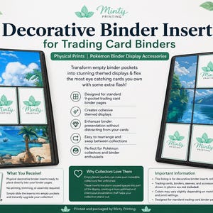 May include: Decorative binder inserts for trading card binders by Minty Printing. Two black binders display nine-pocket pages filled with illustrated cards featuring landscapes, water, and trees. Text includes product benefits and usage instructions.