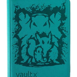 May include: A teal zippered card binder featuring a dark teal graphic print of a squirrel and a smaller creature surrounded by stylized trees. The brand name vaultx is printed in the bottom left corner in a dark teal sans-serif font.