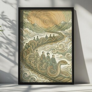 Ormtågskonstverk Japansk fantasiväggkonsttryck Serpentintåg Naturlandskap