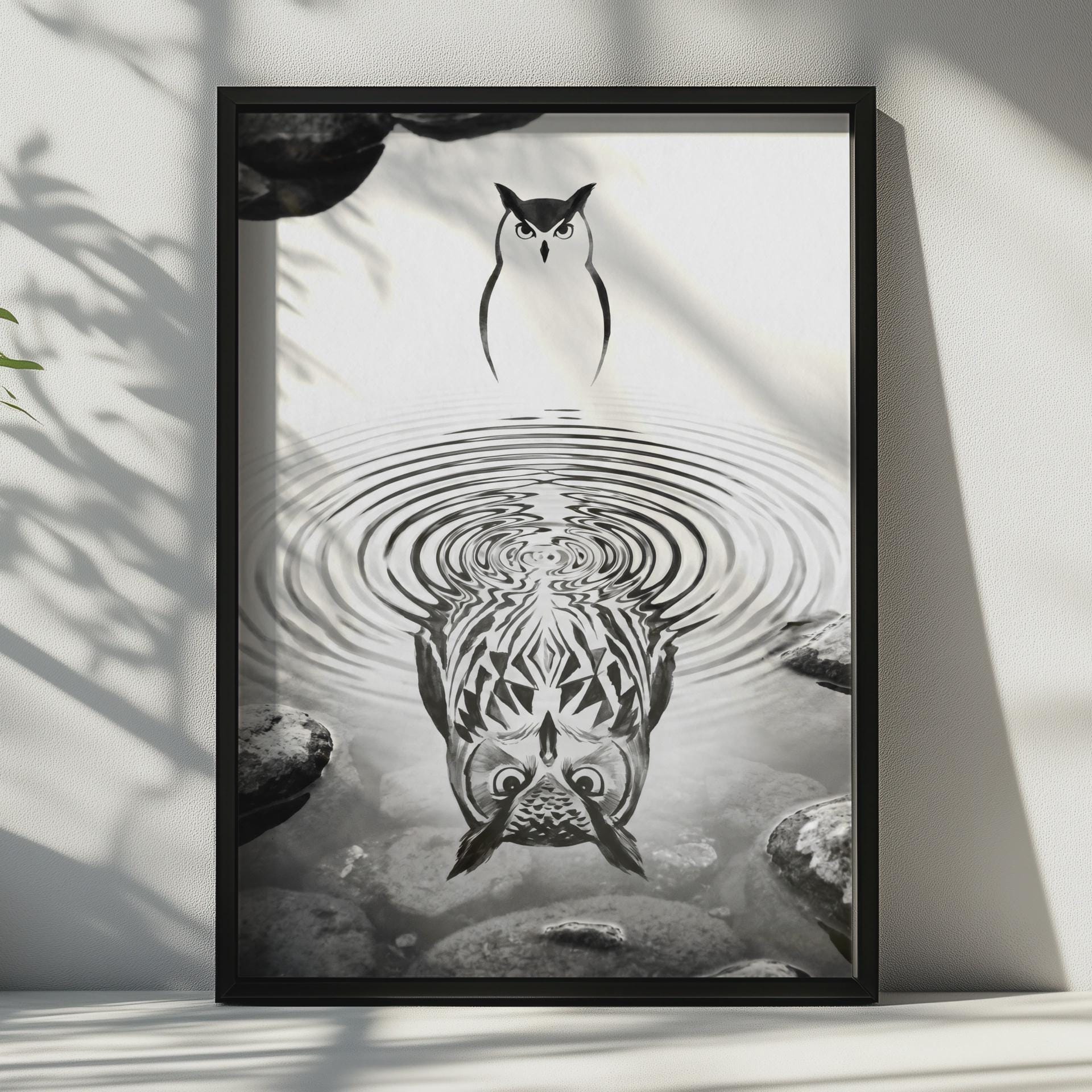 Owl Reflection Black and White Wall Art Animal Print Unique Nature Decor