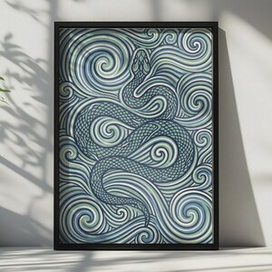 Pôster abstrato de cobra azul e verde com ondas ondulantes.
