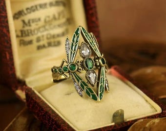 Anillos ajustables de apertura ancha con libélula de cristal verde esmaltado estilo retro bohemio para mujer, exquisitos accesorios de joyería de lujo, regalos
