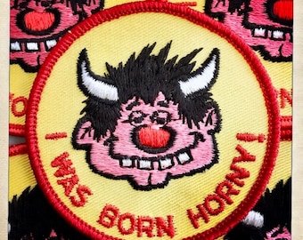 HORNDOG! 'I Was Born HORNY!' Round Devilish Guy Patch Authentic Vintage 60s 70s Denim Hippy Hippie Boho