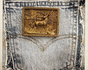 Vintage 70s Majestic DEER Design Western Rocker BRASS Belt Buckle Country Western