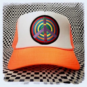 RAD! - Awesome Limited Edition Vintage 80s Op Art PEACE Patch stitched on New Neon ORANGE Snap-back Trucker Cap / Hat – Unisex