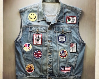 Awesome Rocker OOAK Vintage 70s Patch Vest - Size X-Large Hippie Boho Peace Smile Counter Culture