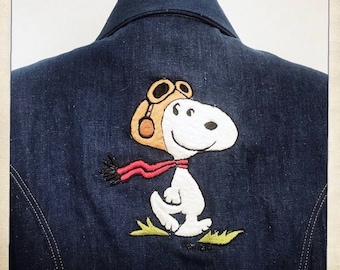 Unisex Amazing Vintage 70s Embroidered SNOOPY Pilot Antonio GUISEPPE Denim Shirt Jacket - Size XL
