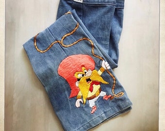 Super 70s Vintage Embroidered Yosemite Sam ANTONIO GUISEPPE Bell Bottom Denim Jeans - Size 26w x 32L - Hippie Boho Western