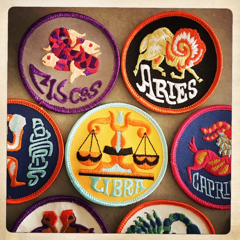 Vintage 60s 70s TRIPPY Round Embroidered ZODIAC Astrology Patches Authentic Mid Century MOD Hippy Hippie Boho image 2