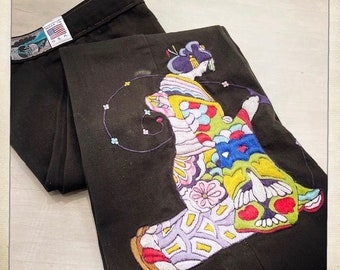Super 70s Vintage Embroidered Japanese Geisha ANTONIO GUISEPPE Bell Bottom Denim Jeans - Size 26w x 33L - Hippie Boho