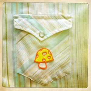 Vintage 60s WRANGLER Western Striped Shirt with Vintage 70s Trippy Yellow Orange Mushroom Patch - Size L