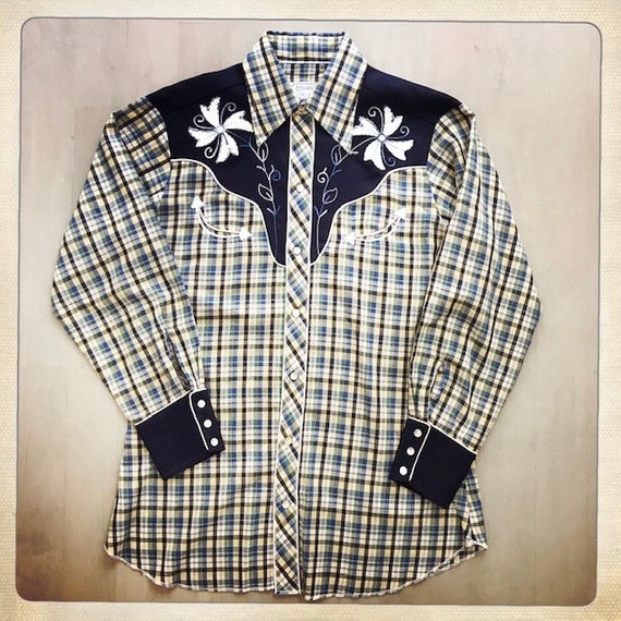 YEEHAW! Men's Navy Blue Plaid Vintage 70s HbarC Ca