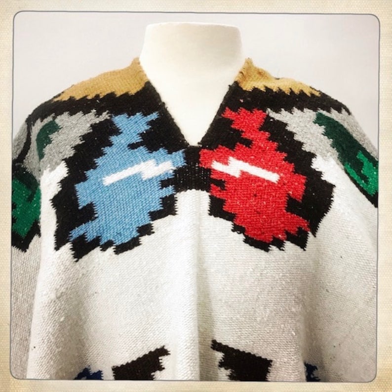 Vintage 70s Traditional Mexican WOVEN Hand Loomed EAGLE PONCHO with Fringe Hippie Boho Festival Beachie