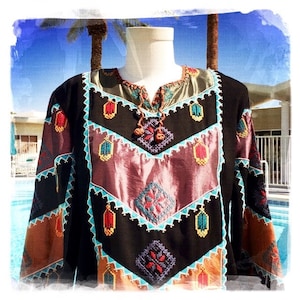 Dramatic Vintage 70s BEDOUIN Embroidered MAXI Dress Hippie Boho Festival - Size Medium