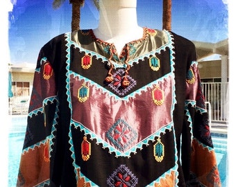 Dramatic Vintage 70s BEDOUIN Embroidered MAXI Dress Hippie Boho Festival - Size Medium