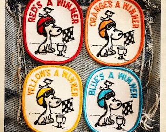 SNOOPY & WOODSTOCK Racing Flag Winner Competition Patches ~ PEANUTS Authentic Vintage 60s 70s Denim Hippy Hippie Boho