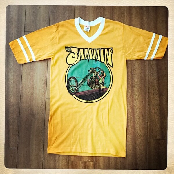 Vintage 70s Keep on Jammin' Chopper Motorcycle NOS Deadstock Yellow Jersey Ringer Style V Neck T Shirt - Size Adult Small