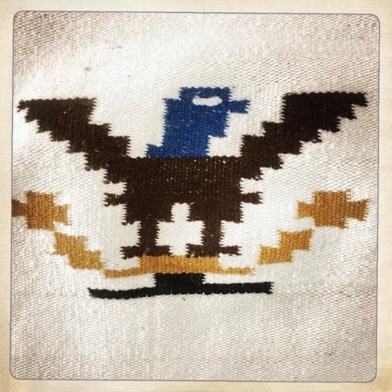 Vintage 70s Traditional Mexican WOVEN Hand Loomed EAGLE PONCHO with Fringe Hippie Boho Festival Beachie