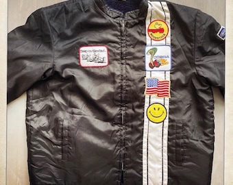 Insanely Cool Vintage FORD COBRA Black Racing Jacket with Awesome Vintage Patches and Fleece Fur Lining - Size XL X-Large