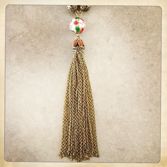 Exotic Vintage 70s Asian Beaded with Chain Tassel… - image 5