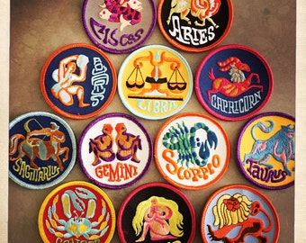 Vintage 60s 70s TRIPPY Round Embroidered ZODIAC Astrology Patches Authentic Mid Century MOD Hippy Hippie Boho