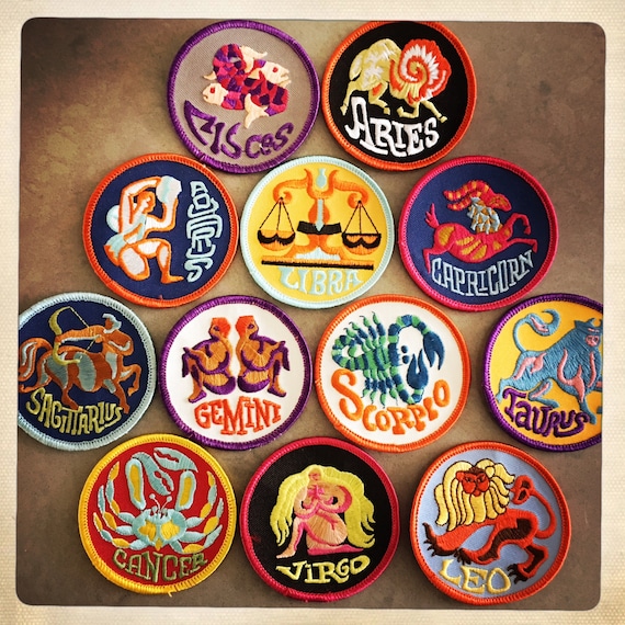 Vintage 60s 70s TRIPPY Round Embroidered ZODIAC Astrology Patches 