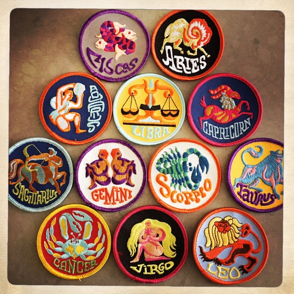 Vintage 60s 70s TRIPPY Round Embroidered ZODIAC Astrology Patches Authentic Mid Century MOD Hippy Hippie Boho