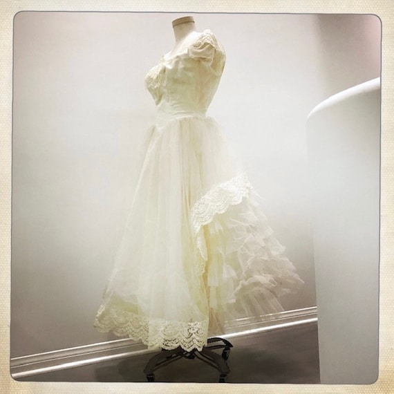 knee length dresses for ladies Ivory Satin Tea Length Vintage Wedding Dress main image 1