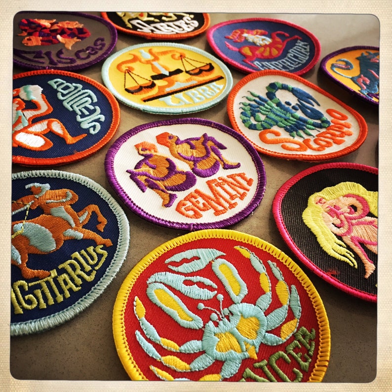 Vintage 60s 70s TRIPPY Round Embroidered ZODIAC Astrology Patches Authentic Mid Century MOD Hippy Hippie Boho image 3