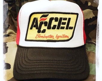 Vintage 70s Limited Edition ACCEL Eliminator Ignition AUTO Patch stitched on Snapback Trucker Cap / Hat – Unisex