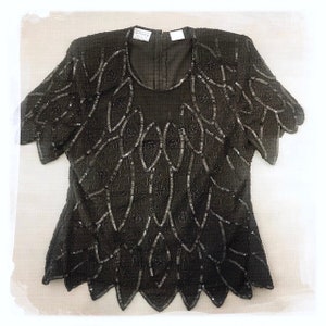 GLITZY – Black SHEER Vintage 70s Indian Beaded Sequined Disco Top Boho Studio 54