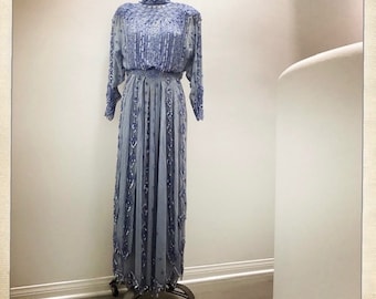 WOWZA! Vintage 80s Sequin Beaded Pearl Embroidered Couture Periwinkle Victorian Evening Wedding Bridal MOB Gown - Size Small