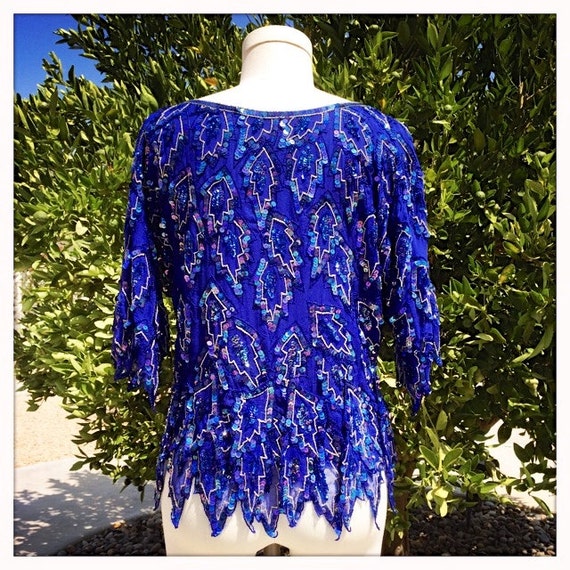 FLASHY Vintage 70s BLUE FLAME Beaded Disco Top Bo… - image 5