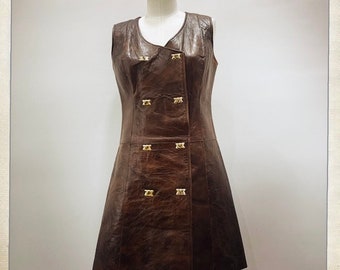 GROOVY! Brown LEATHER Vintage 60s Dress Mid Century MOD Shift Cocktail Go-Go Dress