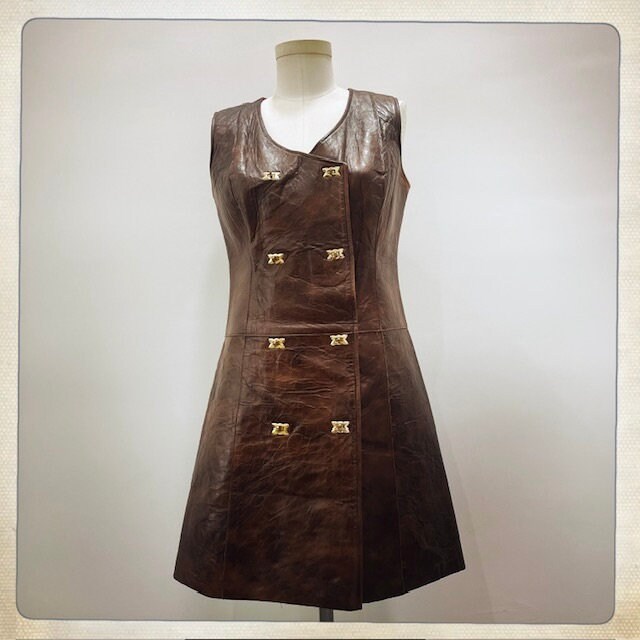 GROOVY! Brown LEATHER Vintage 60s Dress Mid Century MOD Shift Cocktail Go-Go Dress