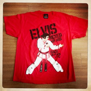 KARATE &#39;Elvis Kicked my Ass Back in &#39;72&#39; Vintage 70s ELVIS Red Concert Crew Neck T Shirt - Size Adult Large