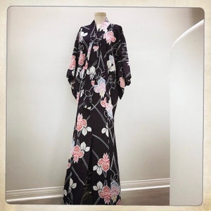 Stunning Vintage 70s Modern LOTUS Navy Blue KIMONO Robe Costume Rocker Samurai Geisha - One Size Fits Most